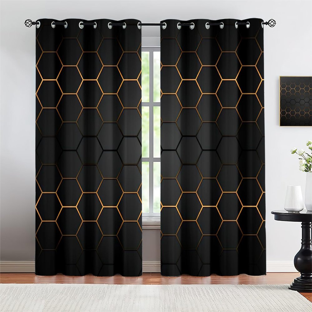 Abstract Honeycomb Curtains for Bedroom, Modern Black and Gold Geometric Hexagon Window Drapes, Grommet Thermal Insulated Blackout Curtains, for Living Room Bedroom Office (27.5"W x 63"L) x 2