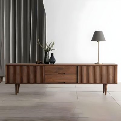 LAKIQ Solid Wood TV Stand with Drawers and Cabinet Modern TV Media Console with Enclosed Storage Living Room TV Entertainment Center with Legs (Brown, 71" L x 14" W x 18" H)