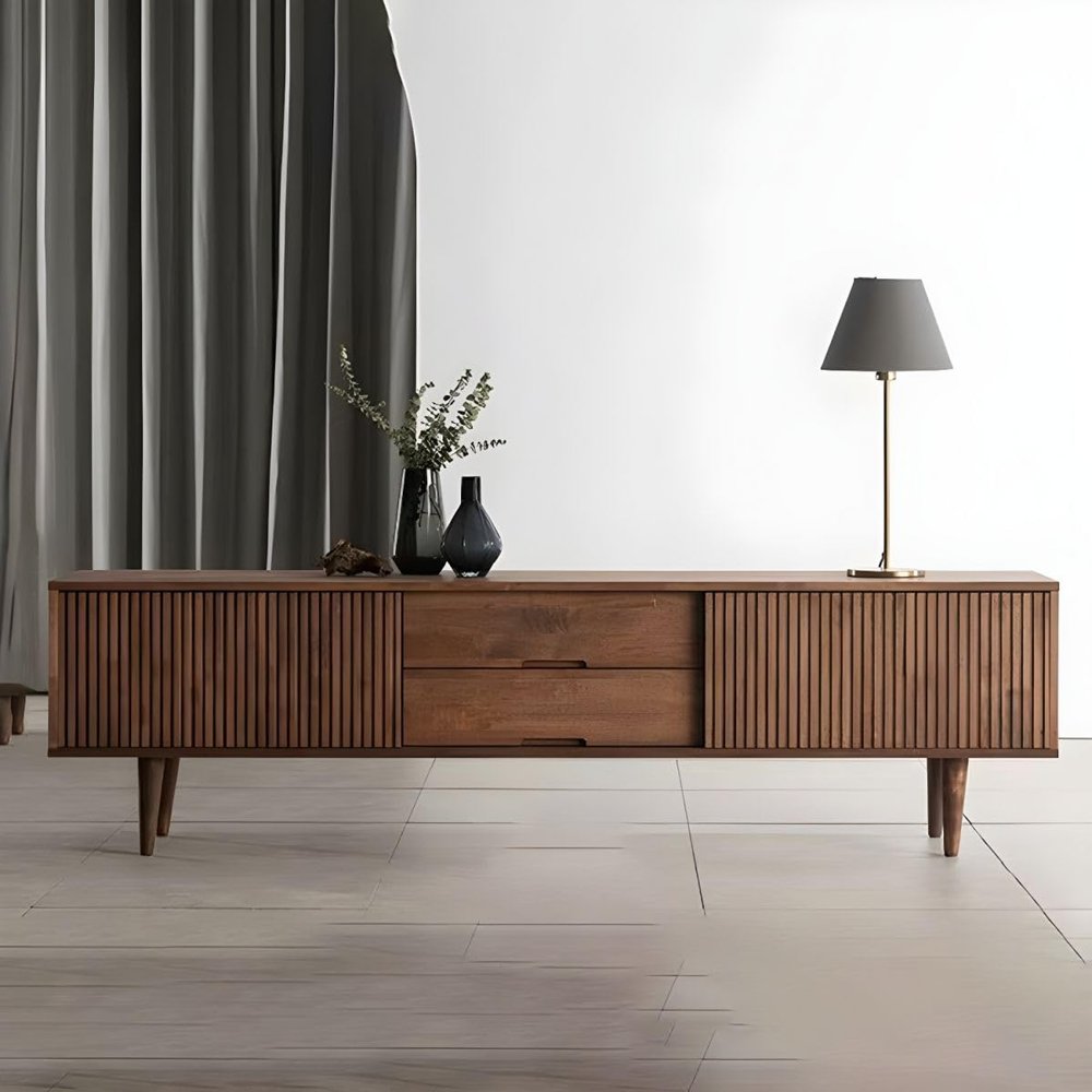 LAKIQ Solid Wood TV Stand with Drawers and Cabinet Modern TV Media Console with Enclosed Storage Living Room TV Entertainment Center with Legs (Brown, 71" L x 14" W x 18" H)