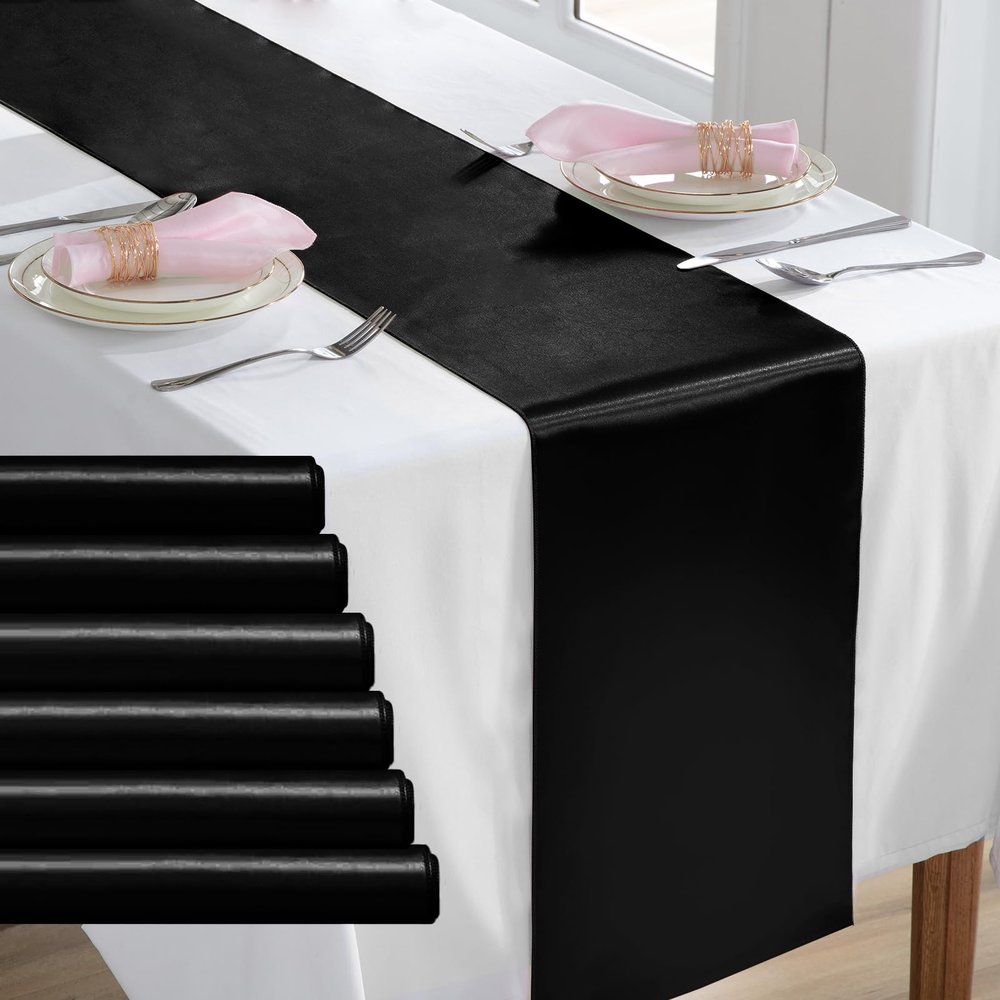 6 Pack Black Table Runners 12 x 108 Inch, Rectangular Smooth Satin Silk Table Runner for Wedding, Banquet, Birthday Party Decoration