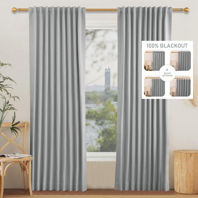 100% Blackout 4 in 1 Curtain,2 Panels Polyester Window Panels for Living Room Bedroom, Rod Pocket Flat Hooks Back Tab Hook Belt Sliding Door Insulation Curtains (100Wx106L,Blue Gray)