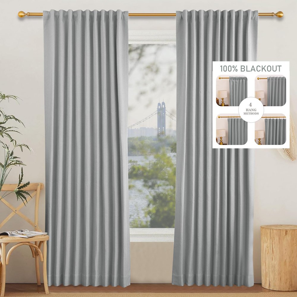 100% Blackout 4 in 1 Curtain,2 Panels Polyester Window Panels for Living Room Bedroom, Rod Pocket Flat Hooks Back Tab Hook Belt Sliding Door Insulation Curtains (34Wx102L,Blue Gray)