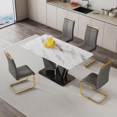 5 Piece Dining Table Set, Kitchen Table and Chairs Set for 4, 63'' Rectangular Dining Table With 0.4" Tempered Glass Tabletop and MDF V-Shaped Bracket&Black Base, 4 PU Leather Chairs for Dining Room.