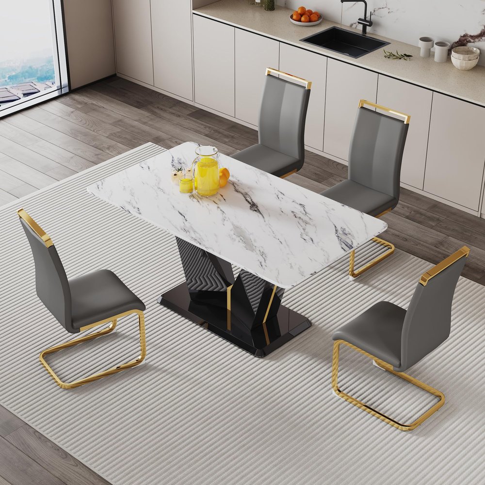 5 Piece Dining Table Set, Kitchen Table and Chairs Set for 4, 63'' Rectangular Dining Table With 0.4" Tempered Glass Tabletop and MDF V-Shaped Bracket&Black Base, 4 PU Leather Chairs for Dining Room.