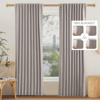 100% Blackout 4 in 1 Curtain,2 Panels Polyester Window Panels for Living Room Bedroom, Rod Pocket Flat Hooks Back Tab Hook Belt Sliding Door Insulation Curtains (100Wx106L,Rock Gray)