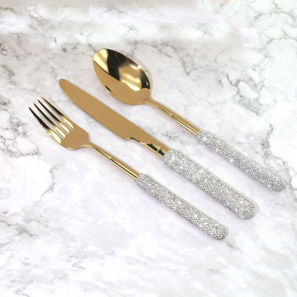 Gold flatware set for 12-36 pieces premium 18/10 stainless steel cutlery set, diamond handle flatware set for dining, knife fork spoon set,dishwasher safe