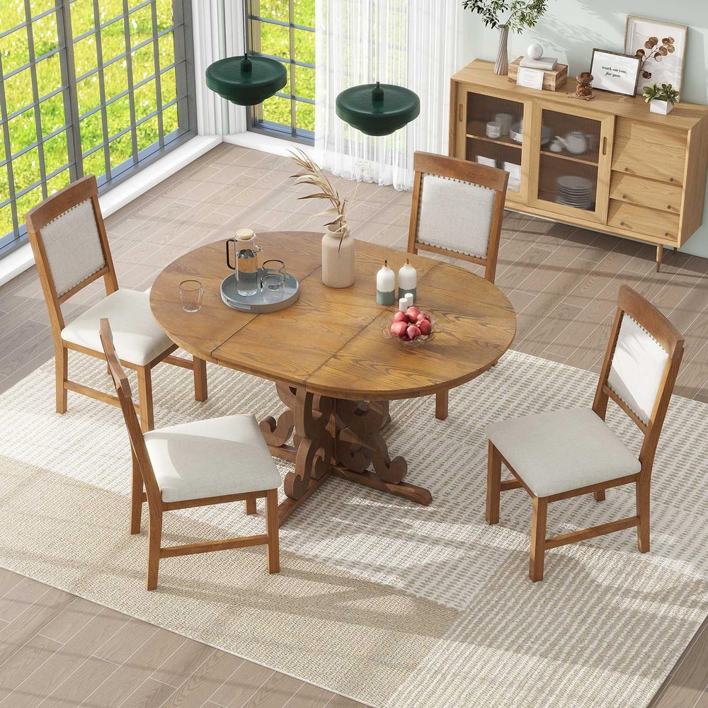 5-Piece Retro Functional Dining Set for 4, Farmhouse Style Round Extendable Dining Table with a 16-inch Leaf and 4 Upholstered Chairs for Dining Room and Kitchen (Walnut)