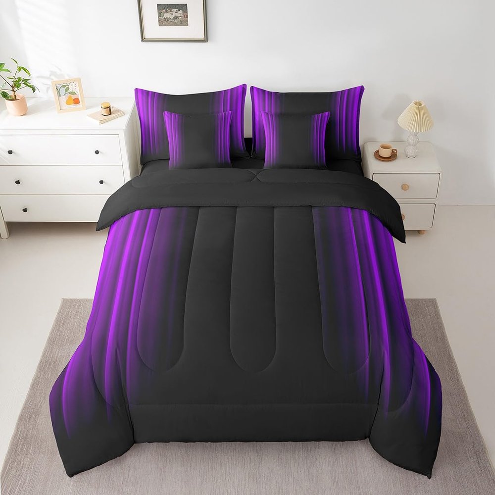 Feelyou Geometric Abstract Ombre Comforter Set with Sheets Kids Teens Purple and Black Striped Bedding Bed Set Decor Modern Fashion Bed in a Bag Bedroom Collection Queen Size