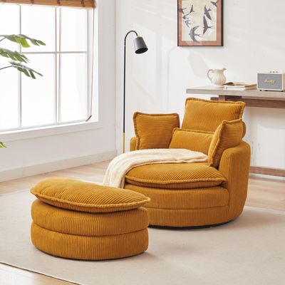 38" W Oversized Swivel Barrel Chair - Corduroy Circle Swivel Accent Chairs with Moon Storage Ottoman, Modern Round Accent Chair with 4 Pillows, Lounger Upholstered Armchair for Living Room (Orange)
