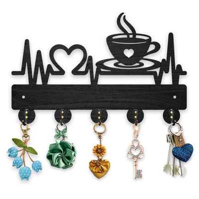 MAYJOYDIY Wood Coffee Heartbeat Coat Rack Hot Coffee Heart Key Hangers for Wall 11.87.5inch Black Wall Key Rack Organizer 5 Alloy Hooks for Kitchen Entryway Office