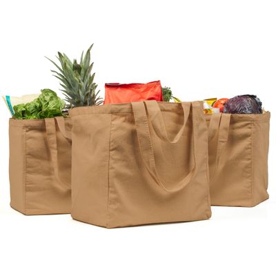 VeraMia Canvas Grocery Bag 3pc Jumbo Set with Real Pockets, Long Shoulder Strap and Short Handle. Reusable Shopping Bags for Groceries Heavy Duty, Foldable, Washable, Grocery Tote Bag (Light Brown)