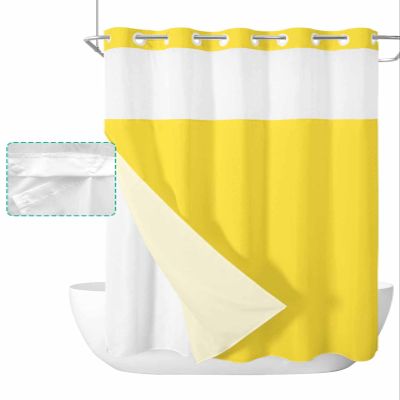No Hook Shower Curtains with Snap in Liner, Yellow Waterproof Fabric Shower Curtain, Pure Yellow Solid Color Simple Minimalism Art Double Layers & See-Through Top Window Bathroom Curtains 60''x72''