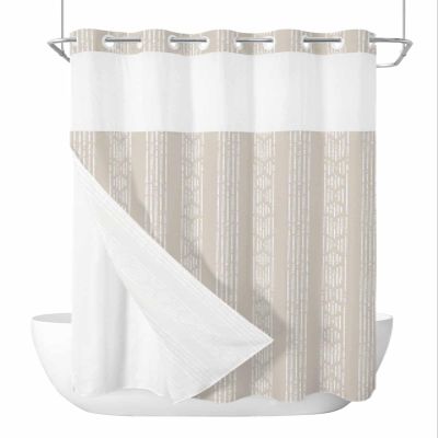 PIEPLE No Hook Shower Curtains with Snap in Liner, Boho Beige Stripes Waterproof Fabric Shower Curtain, Modern Bohemian Art Texture Double Layers & See-Through Top Window Bathroom Curtains 72''x84''