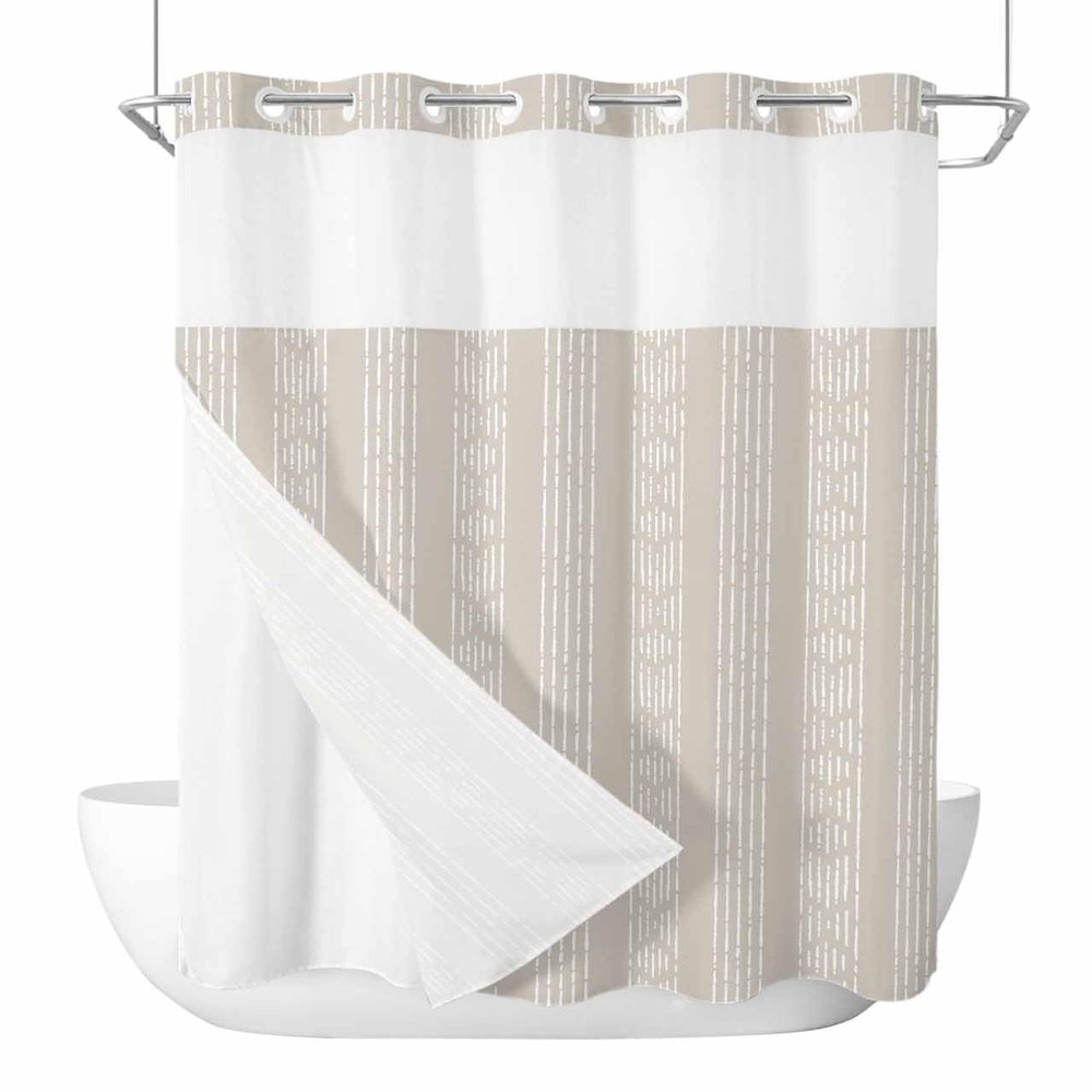 PIEPLE No Hook Shower Curtains with Snap in Liner, Boho Beige Stripes Waterproof Fabric Shower Curtain, Modern Bohemian Art Texture Double Layers & See-Through Top Window Bathroom Curtains 72''x84''