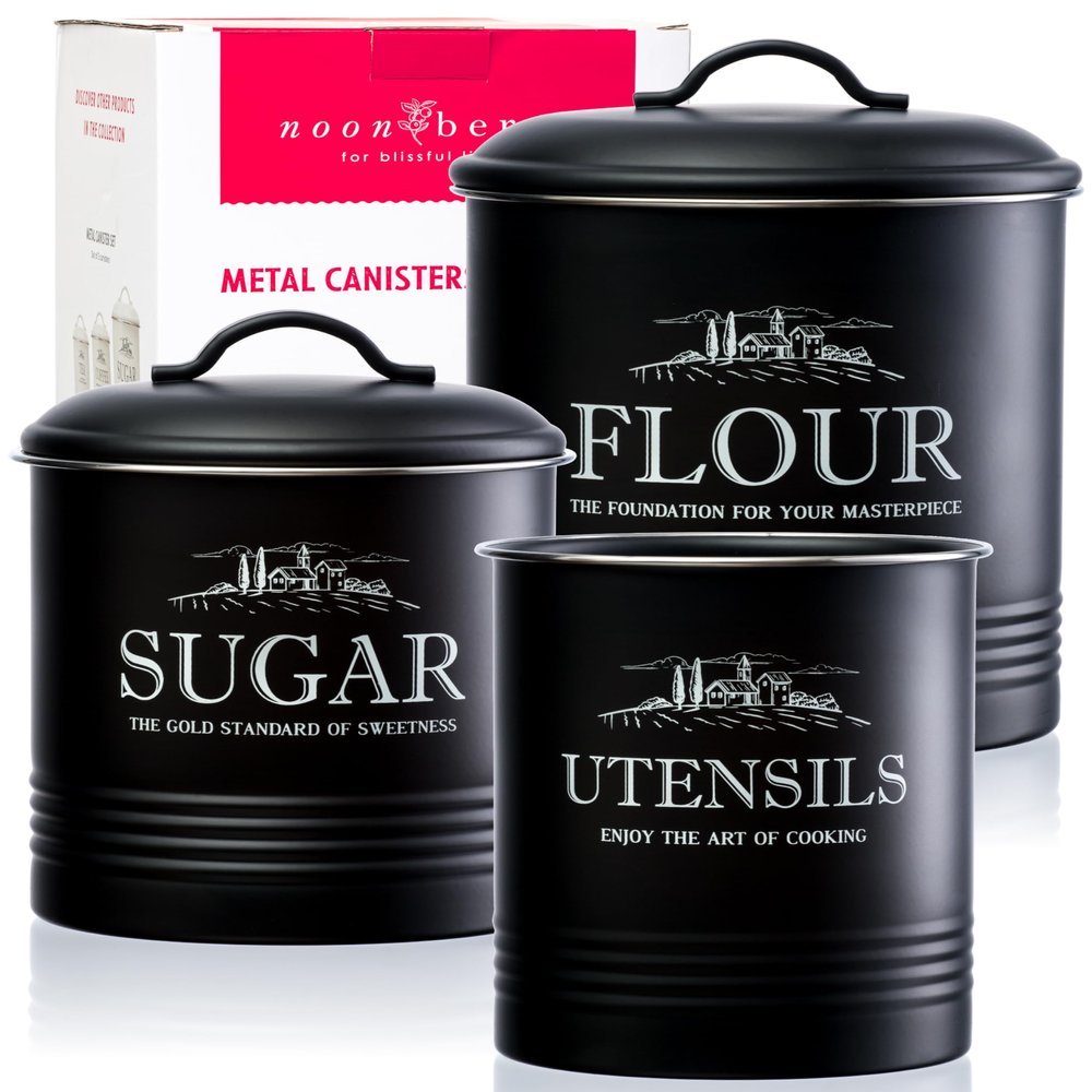noonberry Kitchen Canisters for Countertop 3-Piece Airtight Canister Set for the Kitchen Counter with Utensil Holder Flour Sugar Containers Matte Black Finish