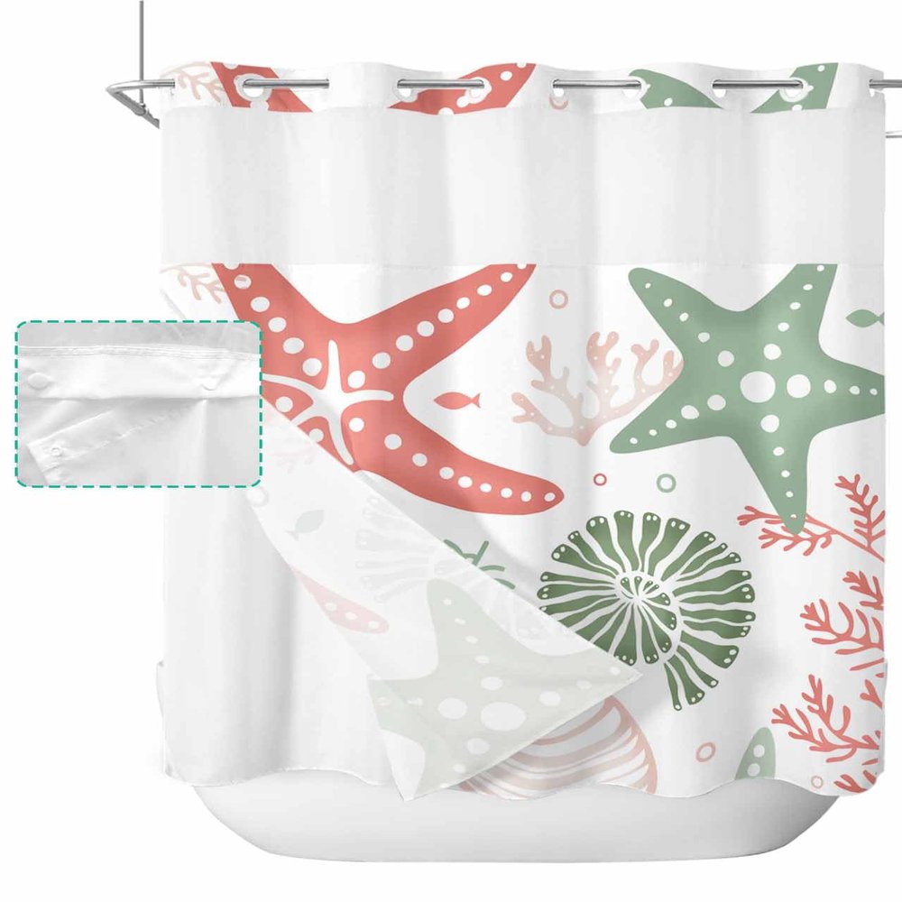 No Hook Shower Curtains with Snap in Liner, Green Orange Coral Waterproof Shower Curtain, Spring Summer Coastal Starfish Beach Nautical Conch Double Layers See-Through Top Window Bath Curtains 72x78