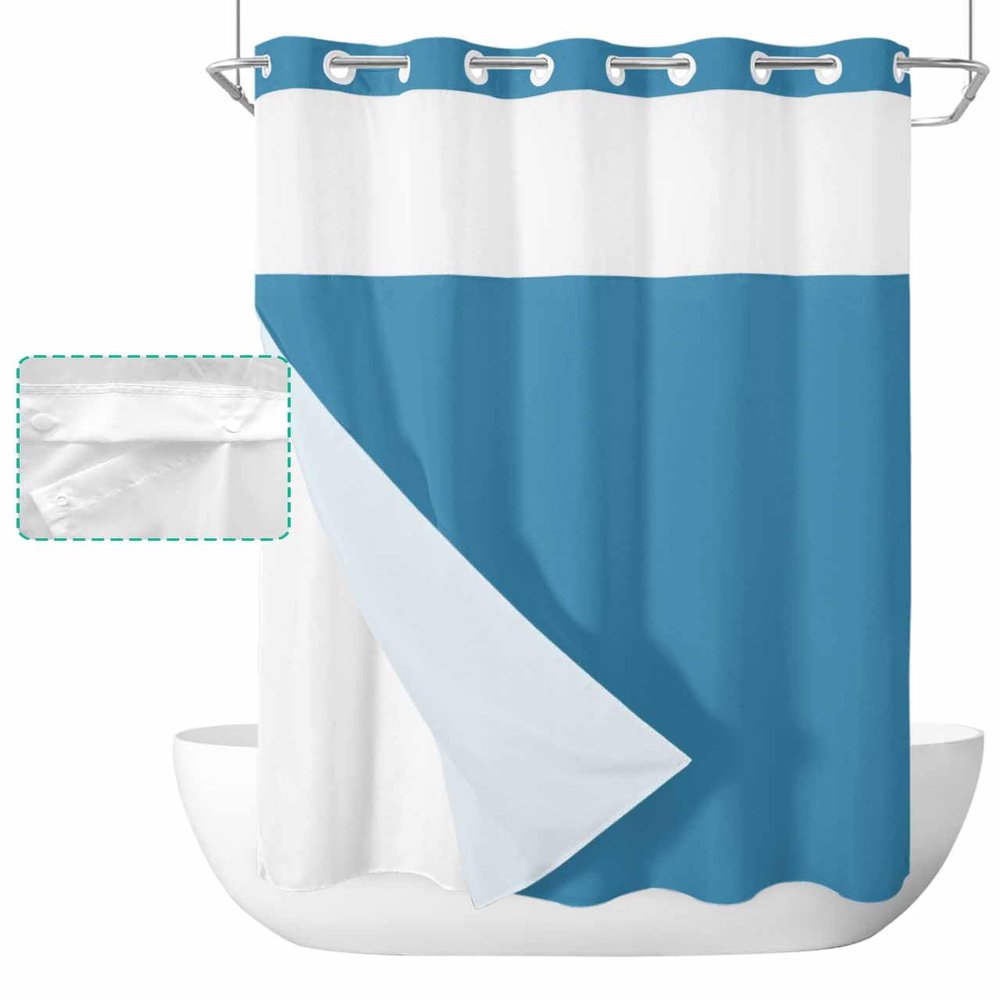 No Hook Shower Curtains with Snap in Liner, Wave Blue Waterproof Fabric Shower Curtain, Pure Blue Solid Color Simple Minimalism Art Double Layers & See-Through Top Window Bathroom Curtains 36''x72''