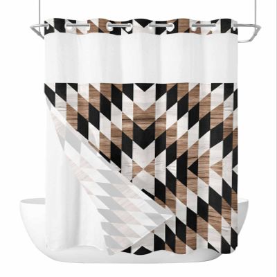 No Hook Shower Curtains with Snap in Liner, Brown Black Aztec Southwest Waterproof Fabric Shower Curtain, Boho Modern Abstract Art Double Layers & See-Through Top Window Bathroom Curtains 60''x72''