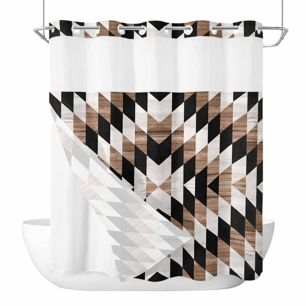 No Hook Shower Curtains with Snap in Liner, Brown Black Aztec Southwest Waterproof Fabric Shower Curtain, Boho Modern Abstract Art Double Layers & See-Through Top Window Bathroom Curtains 60''x72''