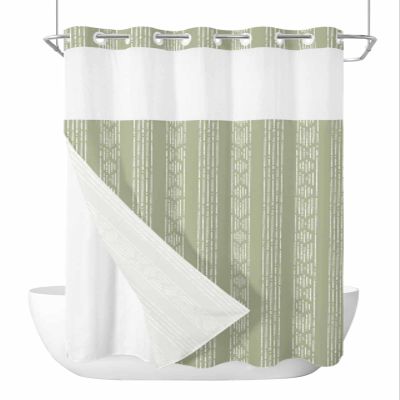 No Hook Shower Curtains with Snap in Liner, Boho Sage Green Stripes Waterproof Fabric Shower Curtain, Modern Bohemian Art Texture Double Layers & See-Through Top Window Bathroom Curtains 60''x72''