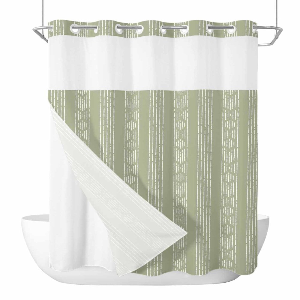 No Hook Shower Curtains with Snap in Liner, Boho Sage Green Stripes Waterproof Fabric Shower Curtain, Modern Bohemian Art Texture Double Layers & See-Through Top Window Bathroom Curtains 60''x72''