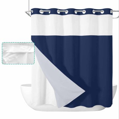 No Hook Shower Curtains with Snap in Liner, Navy Blue Waterproof Fabric Shower Curtain, Pure Blue Solid Color Simple Minimalism Art Double Layers & See-Through Top Window Bathroom Curtains 60''x72''