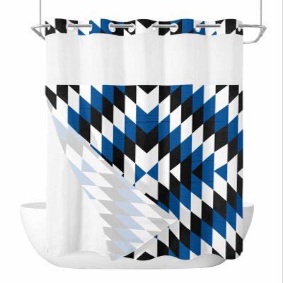 No Hook Shower Curtains with Snap in Liner, Blue Black Aztec Southwest Waterproof Fabric Shower Curtain, Boho Modern Abstract Art Double Layers & See-Through Top Window Bathroom Curtains 60''x72''