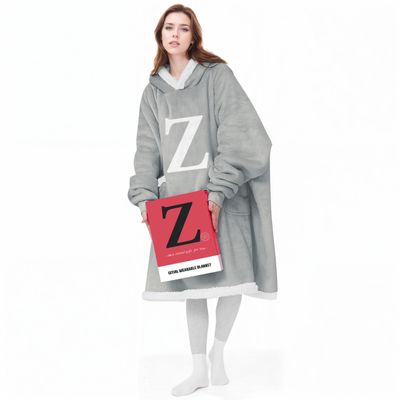 Wearable Blanket Hoodie with Letter A-Z - Oversized Sweatshirt Blanket Hooded Monogrammed Personalized Gifts for Women Girlfriend Sister, Grey, Initial Z