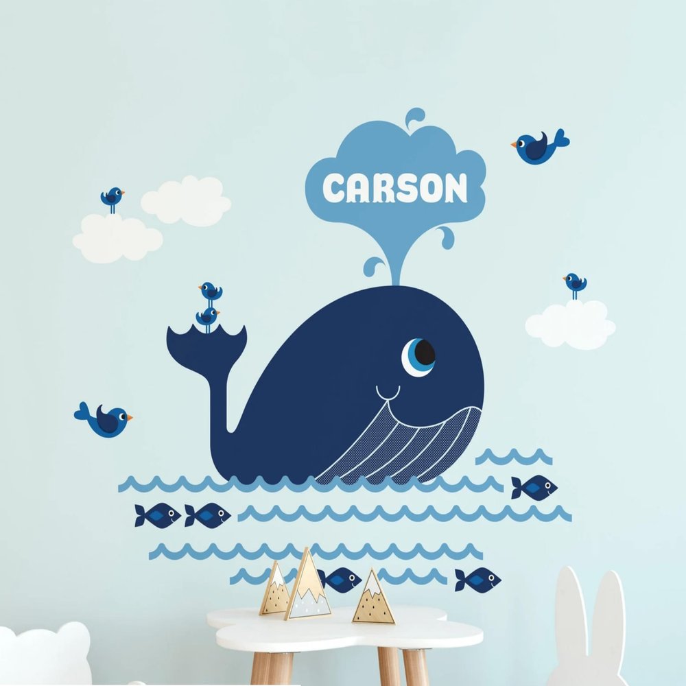 Whale Wall Decal for Baby Nursery - Personalized Nautical Wall Stickers - Custom Ocean Under The Sea Animals Wall Decals - Boys Girls Wall Art Mural Vinyl Sticker for Kids (#2)