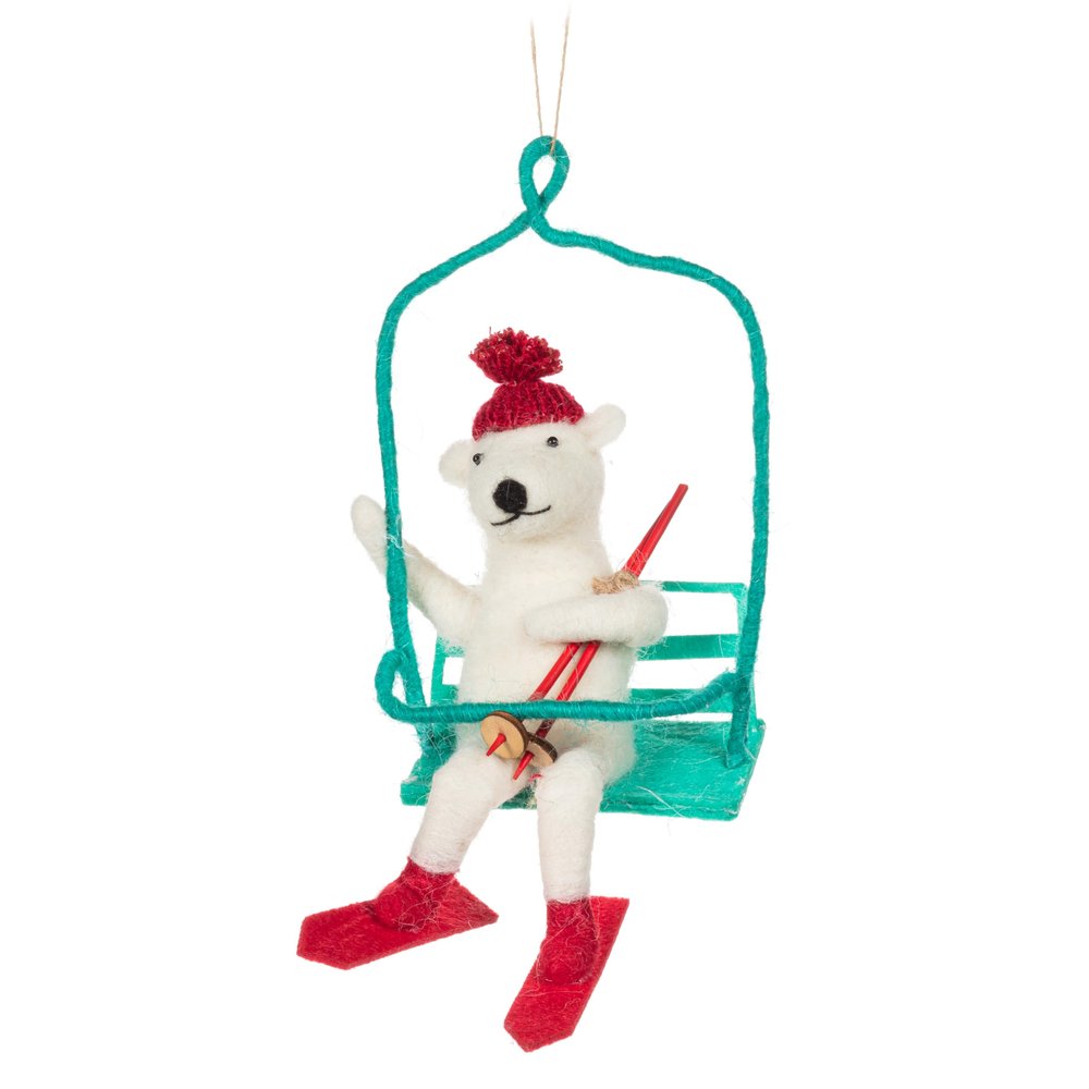 Abbott Collection Skiing Bear on Chairlift Ornament, Wool Felt (7" H)