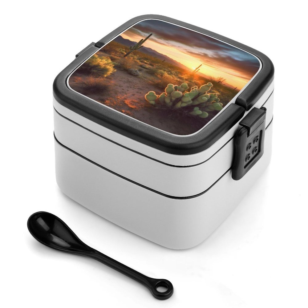 BTCOWZRV All-in-One Bento Box Stackable Leak-Proof Lunch Box With Carry Handle 2 Layer Portable Meal Prep Container Cactus Desert Sunset Lunchbox with Utensils for Dining Out Work