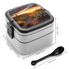 BTCOWZRV All-in-One Bento Box Stackable Leak-Proof Lunch Box With Carry Handle 2 Layer Portable Meal Prep Container Cactus Desert Sunset Lunchbox with Utensils for Dining Out Work view 2