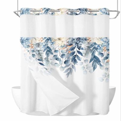 Christmas No Hook Shower Curtain with Snap in Liner, Eucalyptus Leaf Berry Pine Cone Winter Snowflake See Through Mesh Top Window Shower Curtain for Bathroom, Waterproof&Machine Washable 72" x 84"