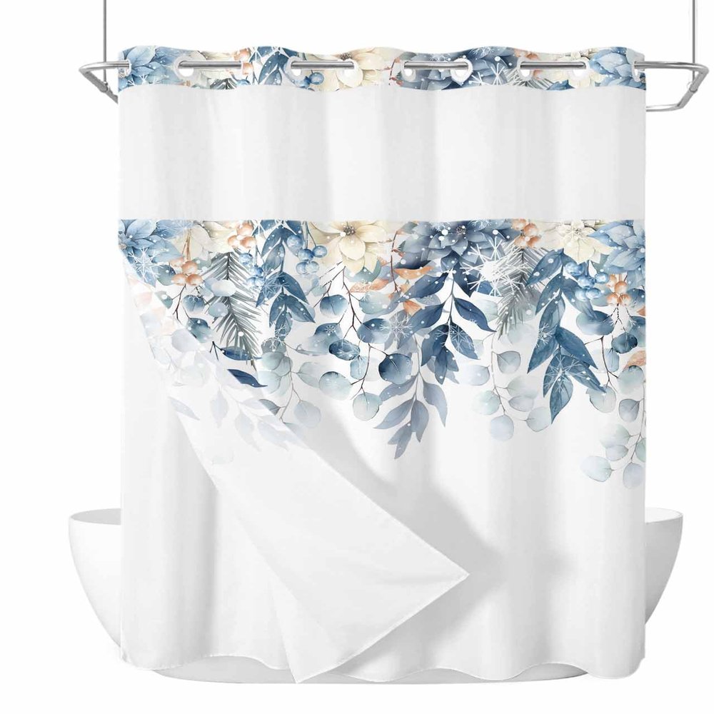 Christmas No Hook Shower Curtain with Snap in Liner, Eucalyptus Leaf Berry Pine Cone Winter Snowflake See Through Mesh Top Window Shower Curtain for Bathroom, Waterproof&Machine Washable 72" x 84"