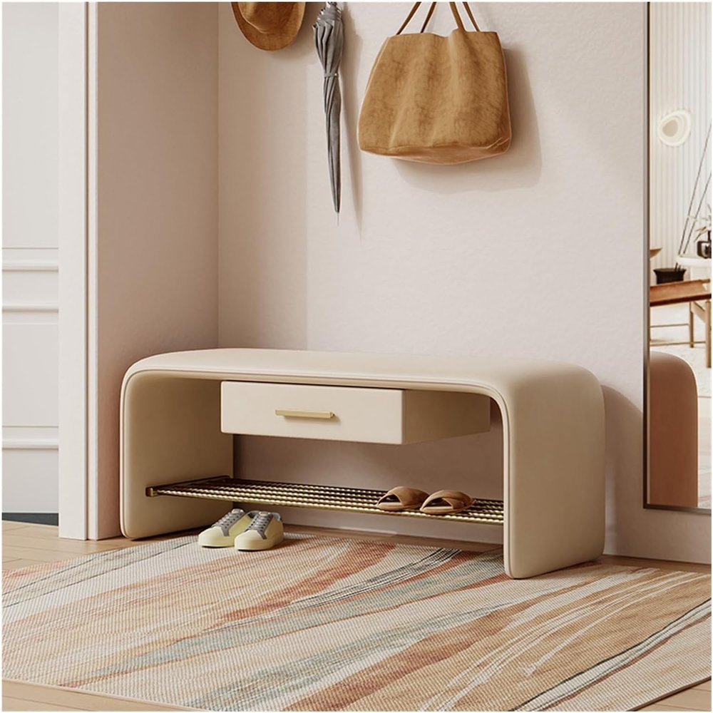 ELEFOCUS Shoe Rack Bench 2 Tier Shoe Storage, Stool Living Room Shoe Rack, Shoe Bench Organizer, Hallway Seat with Drawer(Color:Beige)