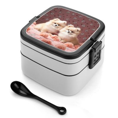 BTCOWZRV All-in-One Bento Box Stackable Leak-Proof Lunch Box With Carry Handle 2 Layer Portable Meal Prep Container Pomeranians Puppies And Point Lunchbox with Utensils for Dining Out Work, Black