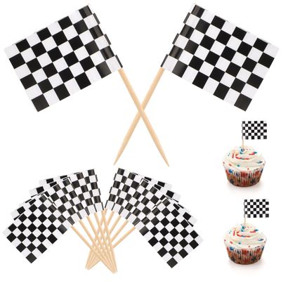 100pcs Mini Checkered Toothpick Flags, Black&White Mini Flags on Sticks Double Sided Food Labels for Party Buffet Race Car Cupcake Toppers for Decoration Dishes Fruit Platter