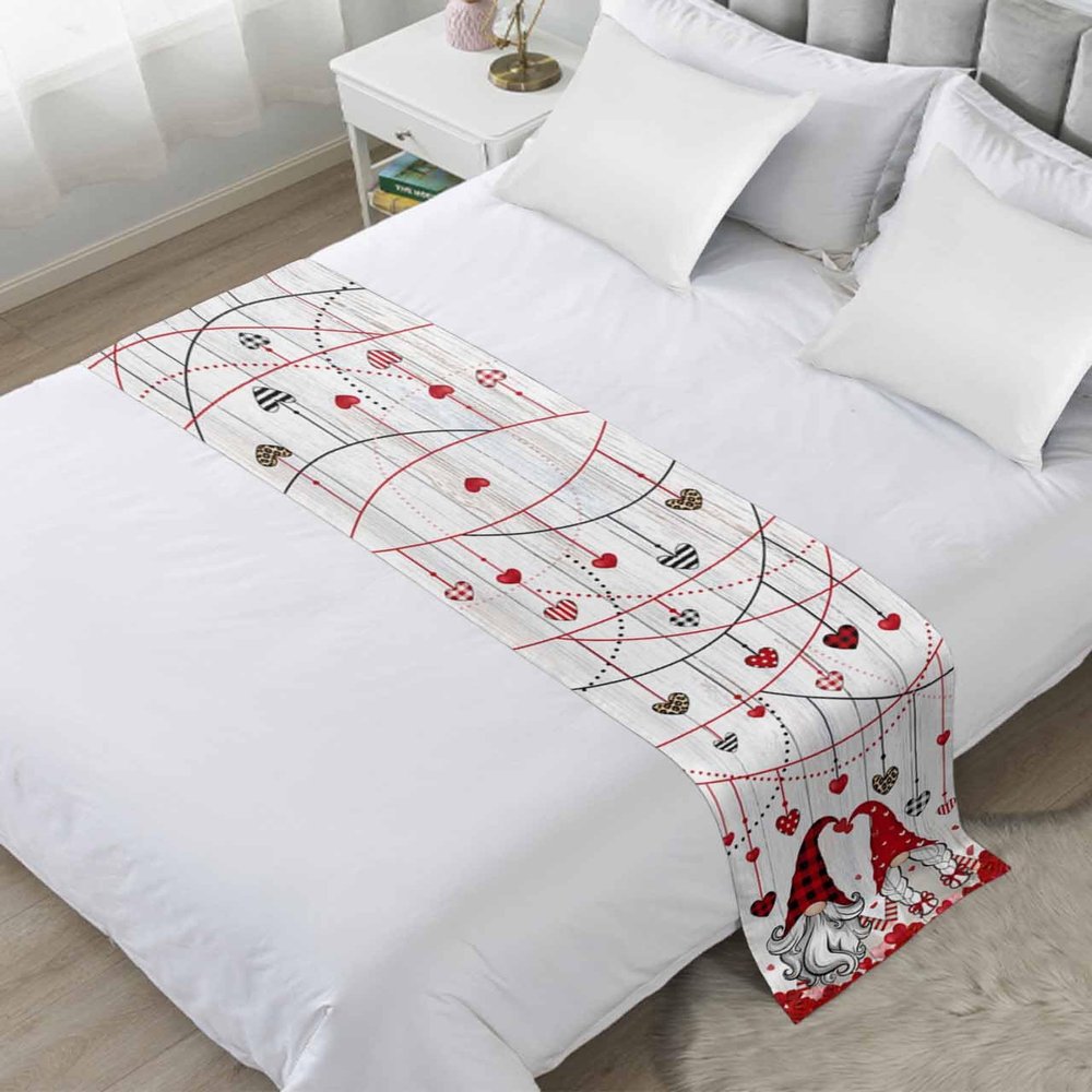 Jolunifun Valentine's Bed Runner Scarf Bedding Accessory for Cal King Size Bed,Soft Bed Scarves and Runners Stainproof Dustproof Bedroom Protector for Hotel,Gnomes Love Rose Flower Woodgrain 102"x20"