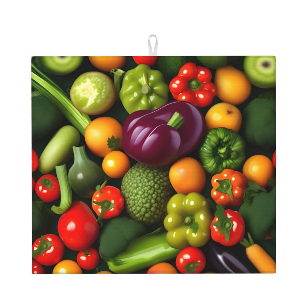 NOUZU Vegetable Fruit Print Dish Drying Mat, Microfiber Kitchen Counter Mat, Slip Resistant Dishwashing Mat 16x18in, Black