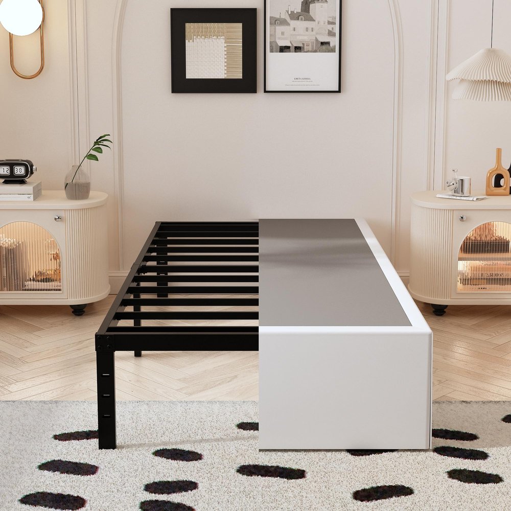 Maenizi Twin Bed Frame with White Fabric Cover 14 Inch, Heavy Duty Metal Bed Frame Twin, No Box Spring Needed, Support Up to 2500 lbs, Easy Assembly, Noise Free, Black
