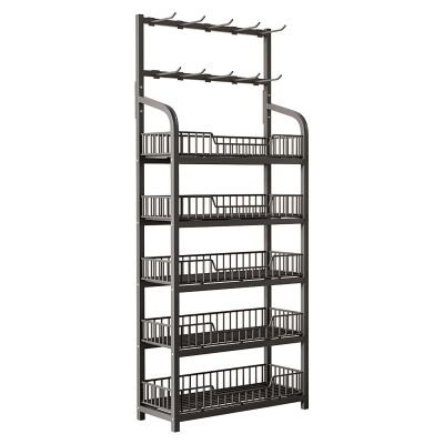 4 5 Tiers Commercial Retail Rack Display Stand, Supermarket Snack Shelf with 10 Hooks, Metal Chip Bag Holder with Guardrail for Home/ Kitchen/ Pantry/ Convenience Stores(5 Tier Black,L 60cm/23.6in)