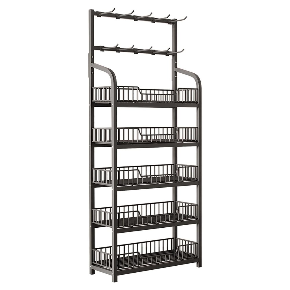 4 5 Tiers Commercial Retail Rack Display Stand, Supermarket Snack Shelf with 10 Hooks, Metal Chip Bag Holder with Guardrail for Home/ Kitchen/ Pantry/ Convenience Stores(5 Tier Black,L 60cm/23.6in)