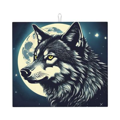 NOUZU Wolf Night Moon Print Dish Drying Mat, Microfiber Kitchen Counter Mat, Slip Resistant Dishwashing Mat 16x18in, Black