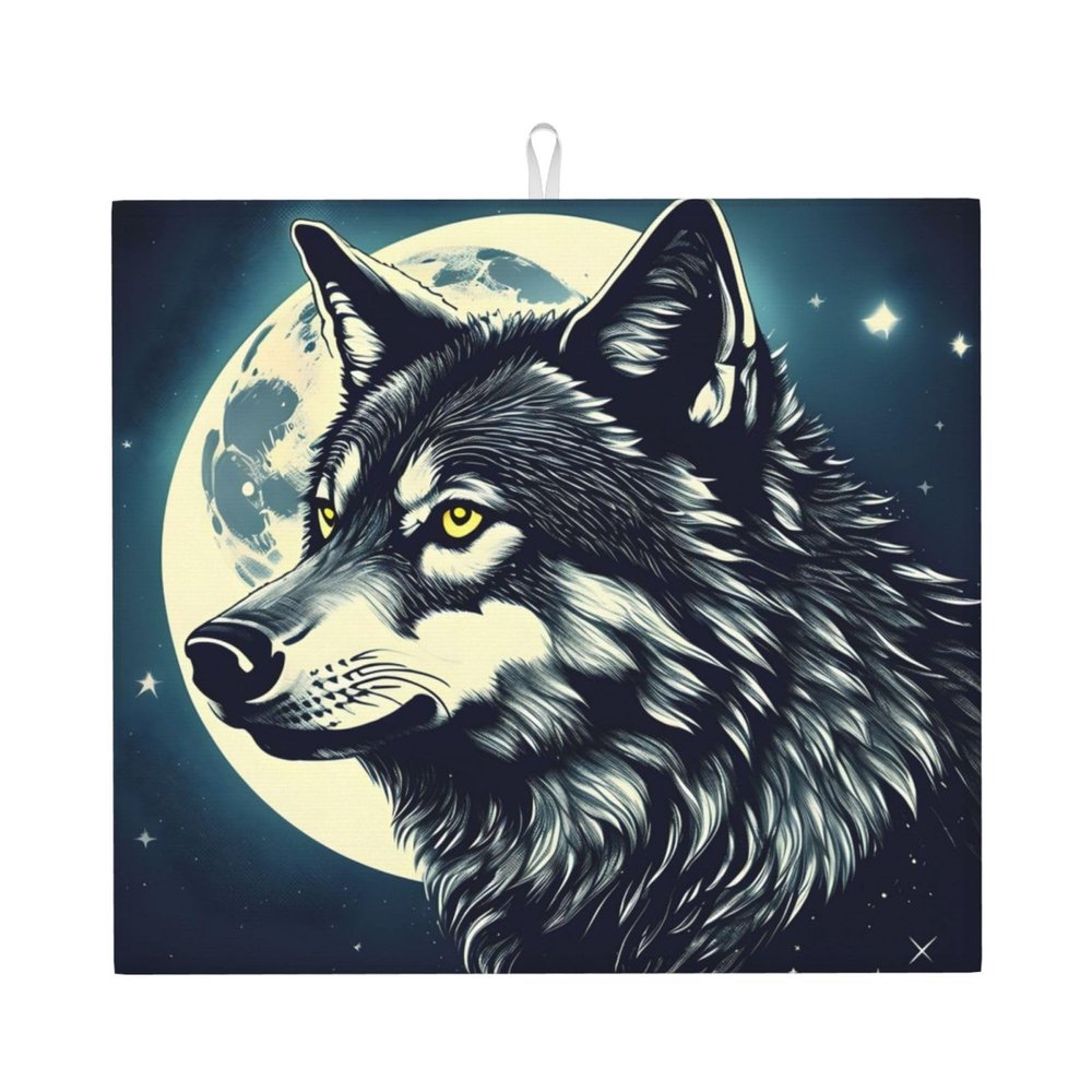 NOUZU Wolf Night Moon Print Dish Drying Mat, Microfiber Kitchen Counter Mat, Slip Resistant Dishwashing Mat 16x18in, Black