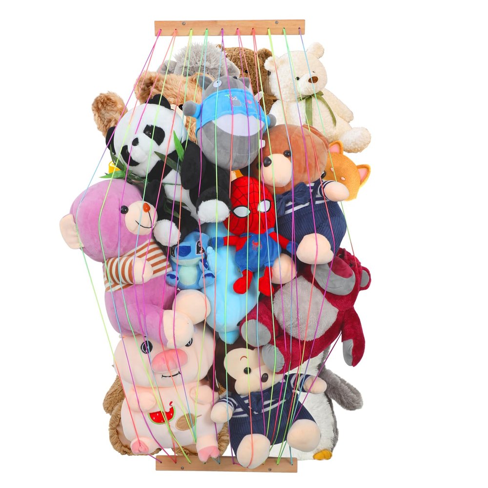 PHOENANCEE Stuffed Animal Storage Organizers,Plush Animals Holder,Hanging Plushie Zoo Hammock Net for Playroom Bedroom With Adjustable Length,Large,Upgraded (Natural Wood)