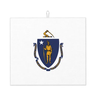 NOUZU Massachusetts State Flag Print Dish Drying Mat, Microfiber Kitchen Counter Mat, Slip Resistant Dishwashing Mat 16x18in, Black