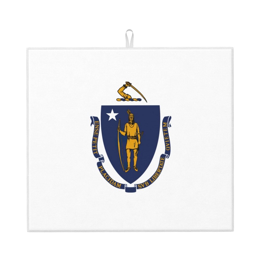 NOUZU Massachusetts State Flag Print Dish Drying Mat, Microfiber Kitchen Counter Mat, Slip Resistant Dishwashing Mat 16x18in, Black