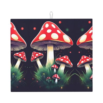 Magic Mushrooms Print Dish Drying Mat, Microfiber Kitchen Counter Mat, Slip Resistant Dishwashing Mat 16x18in