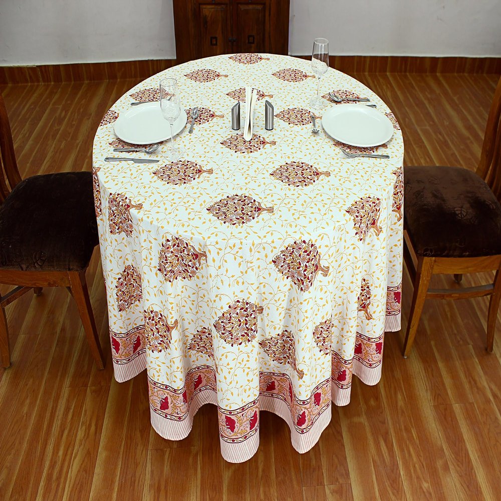 60 Inches Round Hand Block Printed Cotton Tablecloth, White Red Floral Table Cloths Washable, Indian Table Linen for Valentine Gifts Home Decor Dinning Outdoor