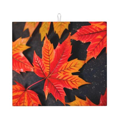 NOUZU Fall Red Leaves Print Dish Drying Mat, Microfiber Kitchen Counter Mat, Slip Resistant Dishwashing Mat 16x18in, Black